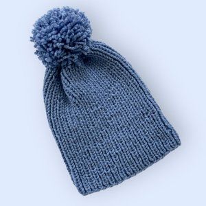 Kid's Hand Knitted Beanie Girls Size Small Blue Pom Pom